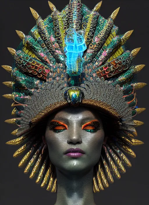 Image similar to 3 d goddess close - up profile portrait. beautiful intricate highly detailed mexican magpie helm and traditional mexican huipil! quetzalcoatl, stingray, bio luminescent, plasma, lava, ice, water, wind, stormy, creature, artwork by tooth wu and wlop and beeple and greg rutkowski, octane 3 d render