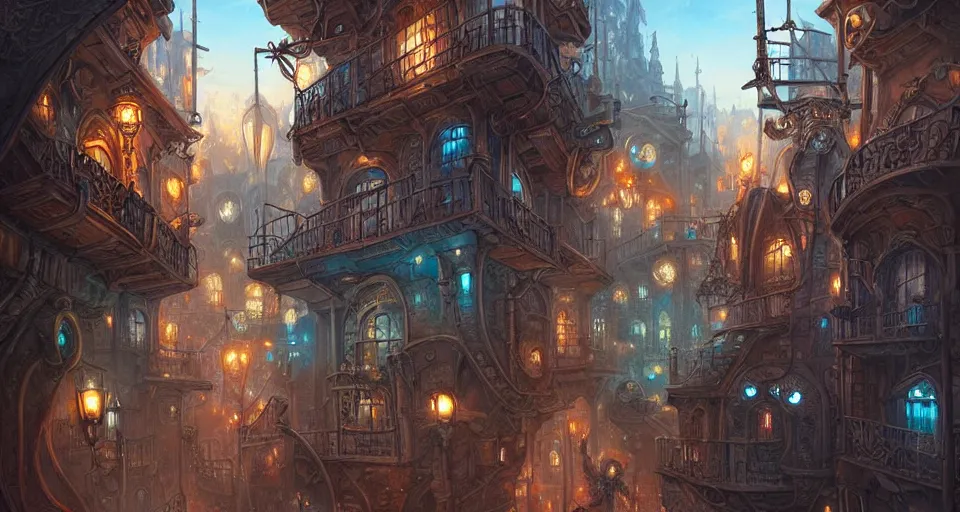 Prompt: landscape painting of fantasy metal steampunk city that has a light blue glow with walkways and lit windows with emphasis on hooded thieves in leathers climbing the buildings using a rope, fine details, magali villeneuve, artgerm, rutkowski