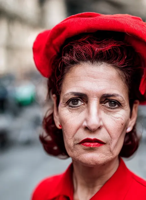 Prompt: close up portrait of beautiful 40-years-old Italian woman, wearing a red outfit, well-groomed model, candid street portrait in the style of Martin Schoeller award winning, Sony a7R