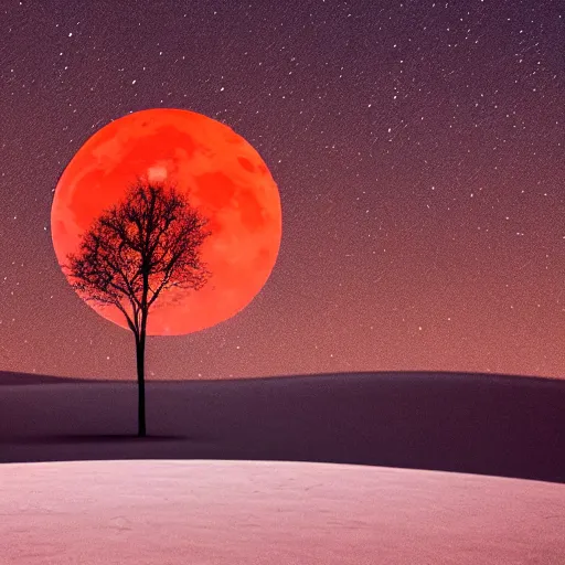 Prompt: Rolling hills at night, blood red moon, solitary tree, 4K