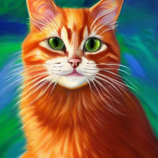 Prompt: oil painting of long - haired light and medium orange cat with green eyes, bushy tail, pointy ears, white whiskers, artistic, elegant,