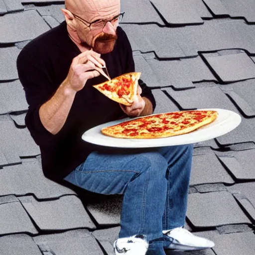 Image similar to walter white eats a pizza on the roof,