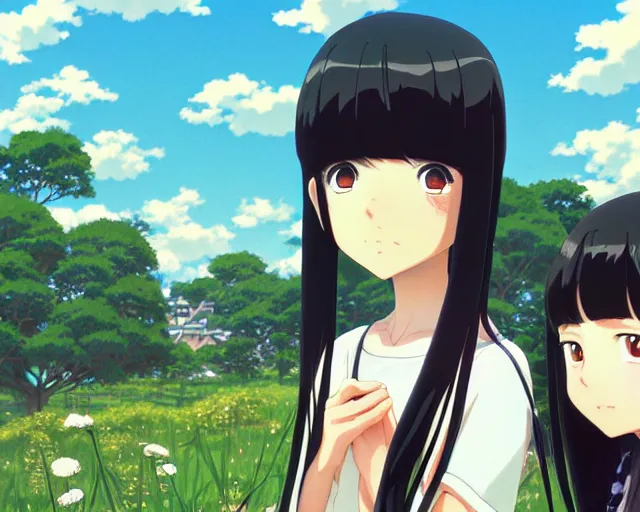 Image similar to beautiful anime girl with long black hair and bangs, beautiful anime guy with black hair, wearing black clothes, siblings, fine details portrait, japense village in background, bokeh. anime masterpiece by Studio Ghibli. illustration, sharp high-quality anime illustration in style of Ghibli, Ilya Kuvshinov, Artgerm