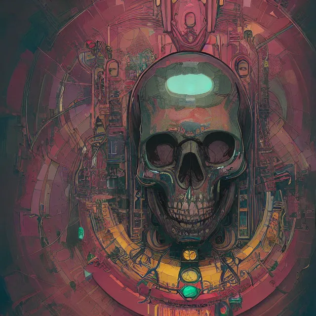 Prompt: a beautiful painting of a ( ( cyberpunk ) ) skull by simon stalenhag and pascal blanche and alphonse mucha! and nekro!. in style of digital art. colorful comic, film noir, symmetry, hyper detailed. octane render. trending on artstation