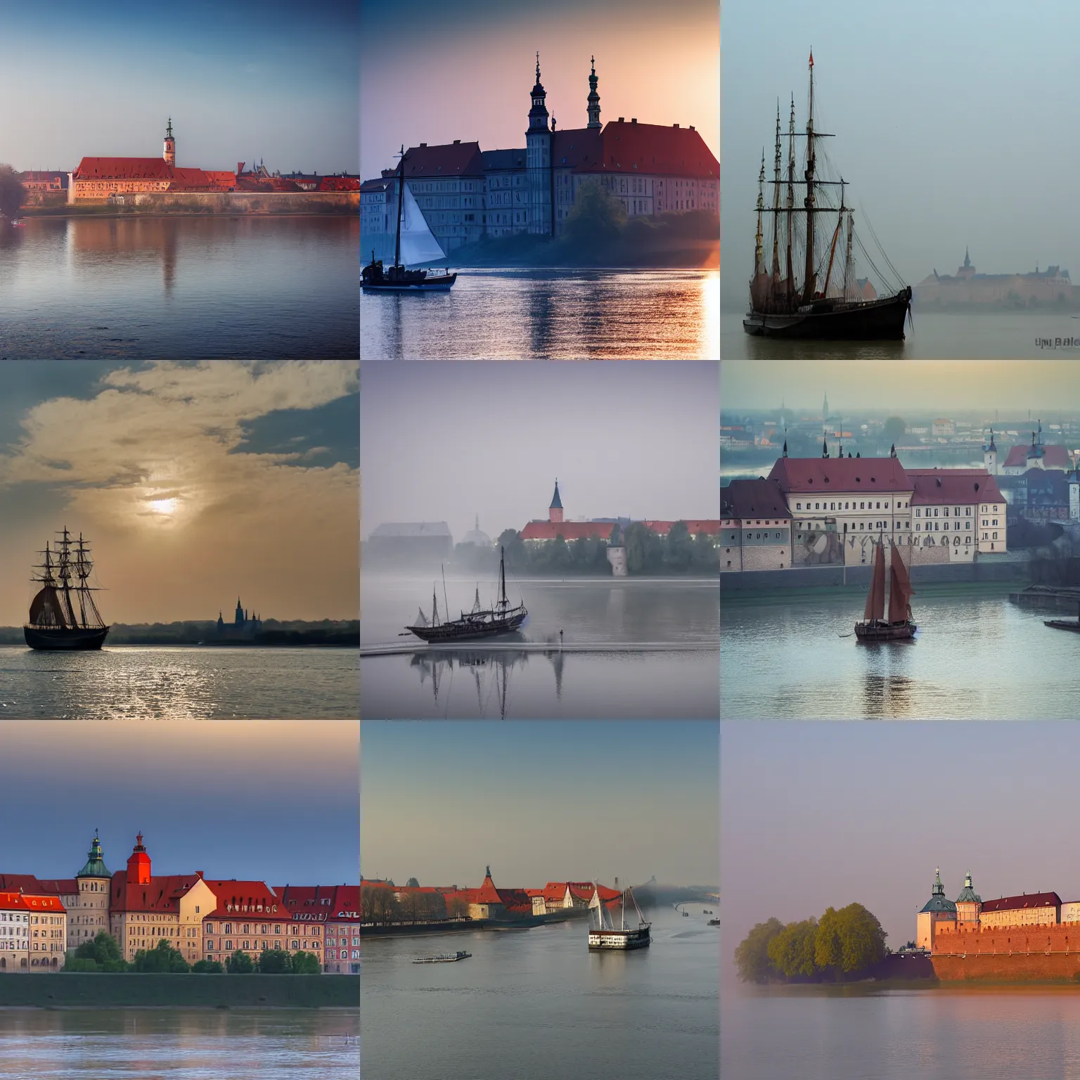 Prompt: sailing ship on Vistula river, Wawel castle visible, morning, fog, atmospheric lighting