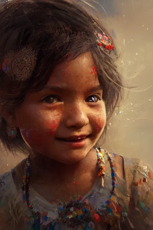 Image similar to aztec little girl, joyful, close - up portrait, intricate, elegant, volumetric lighting, scenery, digital painting, highly detailed, artstation, sharp focus, illustration, concept art, ruan jia, steve mccurry