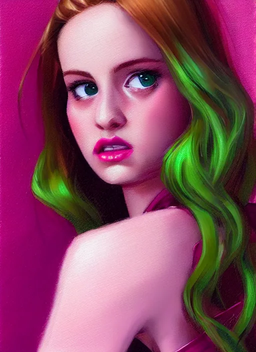 Image similar to full body portrait of teenage cheryl blossom, bangs, green eyes, sultry expression, red hair, sultry smirk, bangs and wavy hair, pink skirt, bangs, intricate, elegant, glowing lights, highly detailed, digital painting, artstation, concept art, smooth, sharp focus, illustration, art by wlop, mars ravelo and greg rutkowski