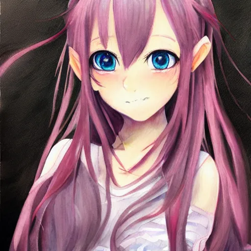 Prompt: oil WATERCOLOR painting of a beautiful pretty pure kawaii cute lovely innocent elegant hot nice sweet girly feminine long hair anime ELF waifu sister girl Trending on Pixiv