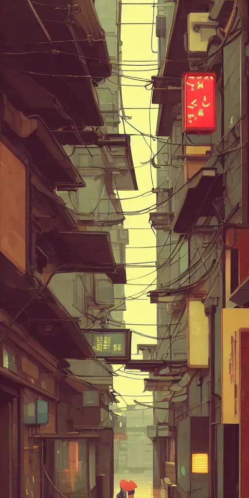 Image similar to tokyo alleyway, rainy day, arcade, by cory loftis, makoto shinkai, hasui kawase, james gilleard, beautiful, serene, peaceful, lonely, golden curve composition