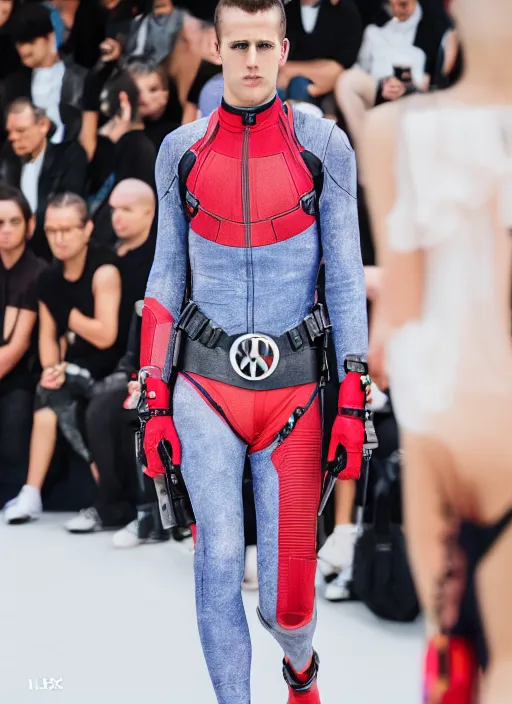 Image similar to hyperrealistic and heavy detailed balenciaga runway show of deadpool, leica sl 2 5 0 mm, vivid color, high quality, high textured, real life