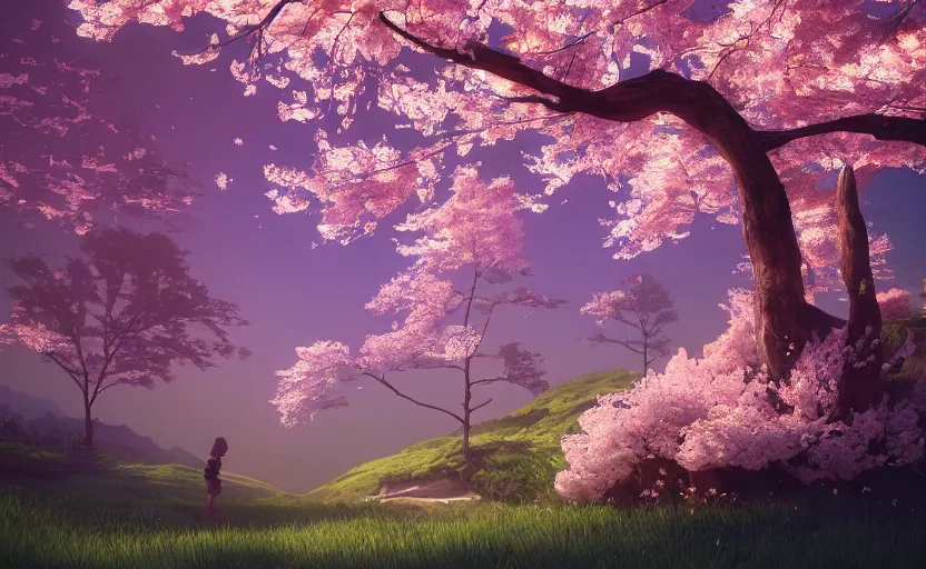 Prompt: Landscape with Sakura blossoms, rendered by Beeple, Makoto Shinkai, syd meade, simon stålenhag, environment concept, digital art, unreal engine, WLOP, trending on artstation, 4K UHD image, octane render,