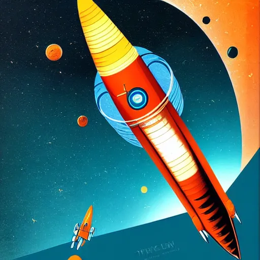 Image similar to Blue V2 rocket in space, tin tin, an orange as a planet, intricate, SCI-Fi, movie poster, high detail, digital art by raphael lacoste