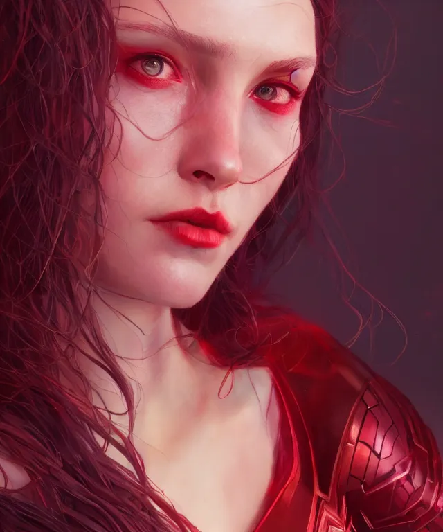 Image similar to Scarlet Witch, au naturel, portrait, full body, hyper detailed, digital art, trending in artstation, cinematic lighting, studio quality, smooth render, unreal engine 5 rendered, octane rendered, art style by klimt and nixeu and ian sprigger and wlop and krenz cushart