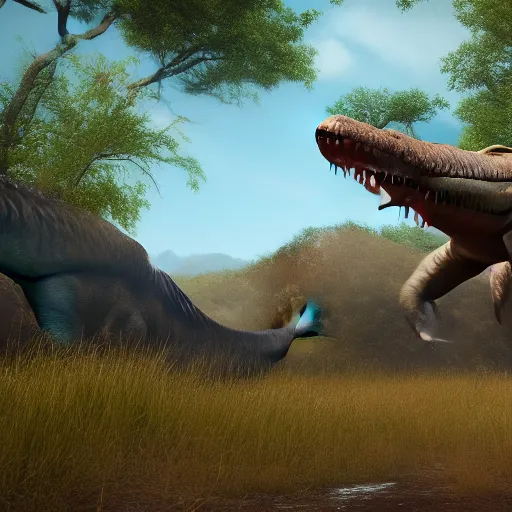 Image similar to dinosaur hunting for food, in the see, realistic, Unreal engine, 8K,