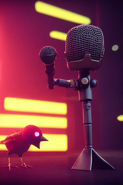 Image similar to high quality 3 d render shure 5 5 s microphone next to very cute cyborg crow!, cyberpunk highly detailed, unreal engine cinematic smooth, in the style of blade runner & detective pikachu, hannah yata charlie immer, moody light, low angle, uhd 8 k, sharp focus