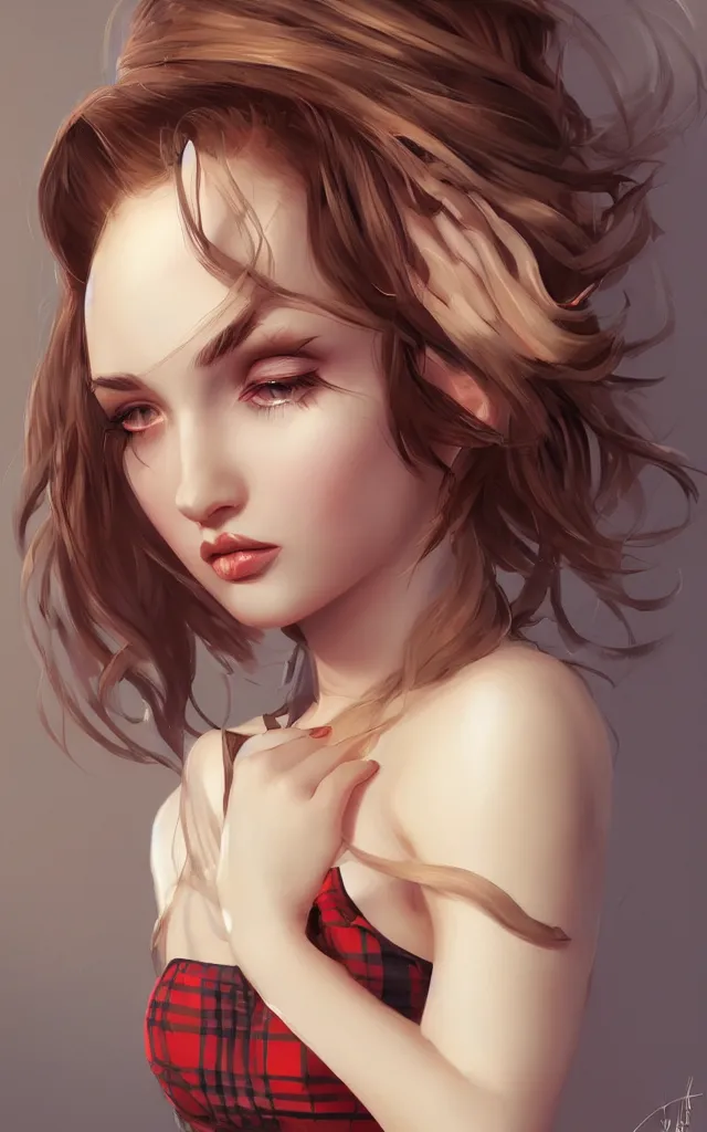 Image similar to a beautiful woman with sultry honey eyes, wearing plaid pleat shorts and drawstring shirred tube top, stunning, highly detailed, digital painting, artstation, hard focus, art by artgerm and wlop