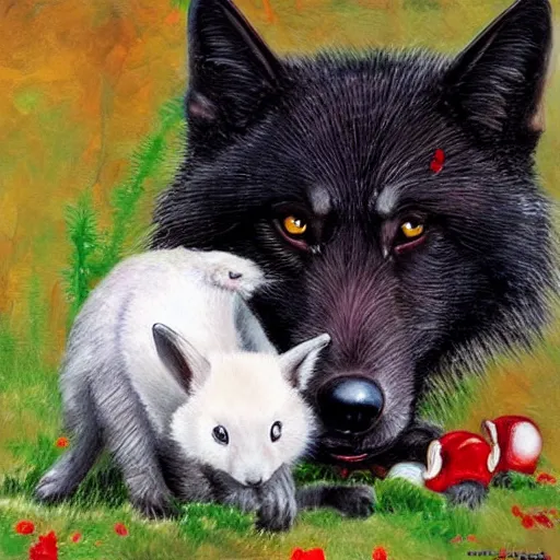 Prompt: a beautiful black wolf with red eyes curled around a small, fragile and cute white rabbit to protect it from the dangerous forest that is all around them, oil painting, award winning, 4k, high quality, high detail