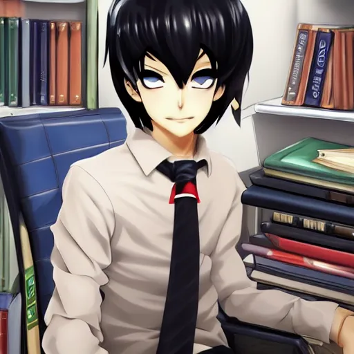 Image similar to aloof anime man with emo hair wearing jock clothes, standing in headmistress's office, smug grin, smug expression, punchable expression, sharp details, subsurface scattering, intricate details, art by artgerm, anime, anime hd wallpaper, 2 0 1 9 anime screenshot