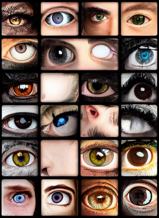 Image similar to grid montage of square shaped eyes, square shaped dilated pupils, square irises, detailed colored textures, eyelashes, advanced art, art styles mix, from wikipedia, wet reflections in eyes, sunshine light, hd macro photograph, from side, various eyelid positions, square black pupil centered