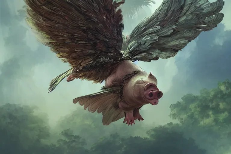 Image similar to a pig with feathered wings, flying above a tropical forest, HD, illustration, epic, D&D, fantasy, intricate, elegant, highly detailed, digital painting, artstation, concept art, smooth, sharp focus, illustration, wallpaper, art by artgerm and greg rutkowski and alphonse mucha and jin xiaodi and anthony devine