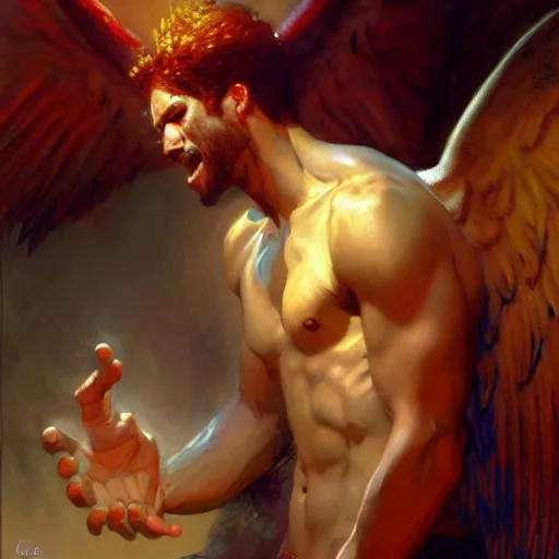 Prompt: attractive male lucifer morning s raising hell unto heaven. highly detailed painting by gaston bussiere, craig mullins, j. c. leyendecker, 8 k