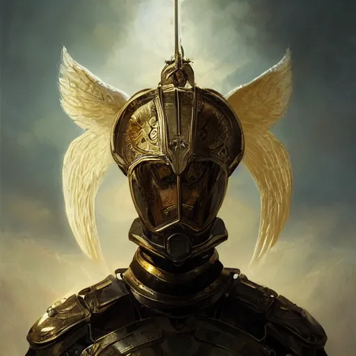Prompt: breathtaking soft painting of angel with an intricate retrofuturistic knight armor in a golden sky, realistic symmetrical face features, rembrandt style, elegant, highly detailed, artstation, concept art, matte, sharp focus, art by tom bagshaw, and greg rutkowski