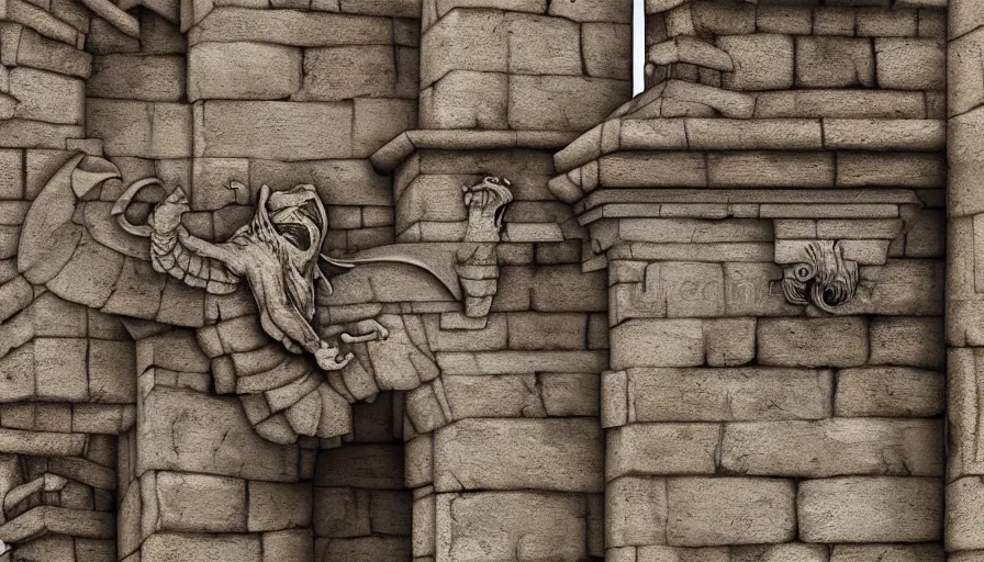 Image similar to the wall of a medieval castle with creepy gargoyles on the cornice, high quality, realistic digital illustration