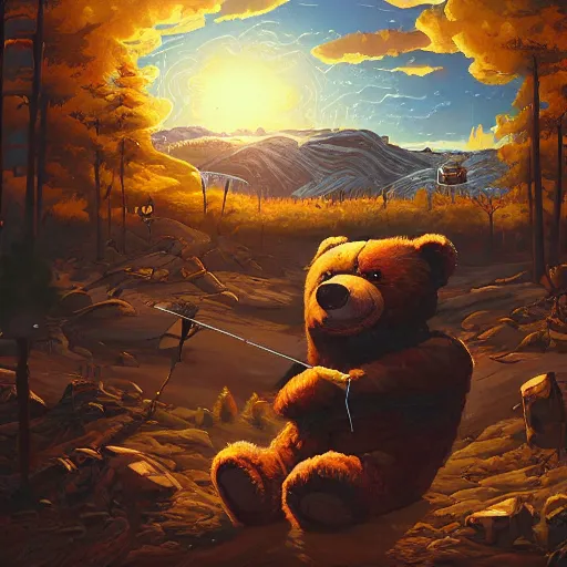 Image similar to a paint of dan mumford, of a robotic teddy bear painting a picture of a cute bear, in the background an apocalyptic panorama, artstation