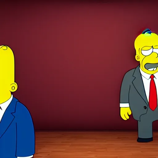 Image similar to Donald Trump with Homer Simpson body, realistic artstyle, wide shot, dramatic lighting, octane render, hyperrealistic, high quality, highly detailed, HD, beautiful, cinematic, 8k, unreal engine, facial accuracy, symmetrical