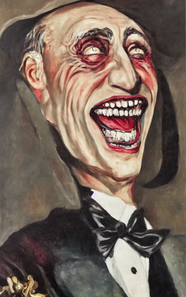 Image similar to portrait of conrad veidt the man who laughs freakish grin, award winning oil painting, sharp color palette