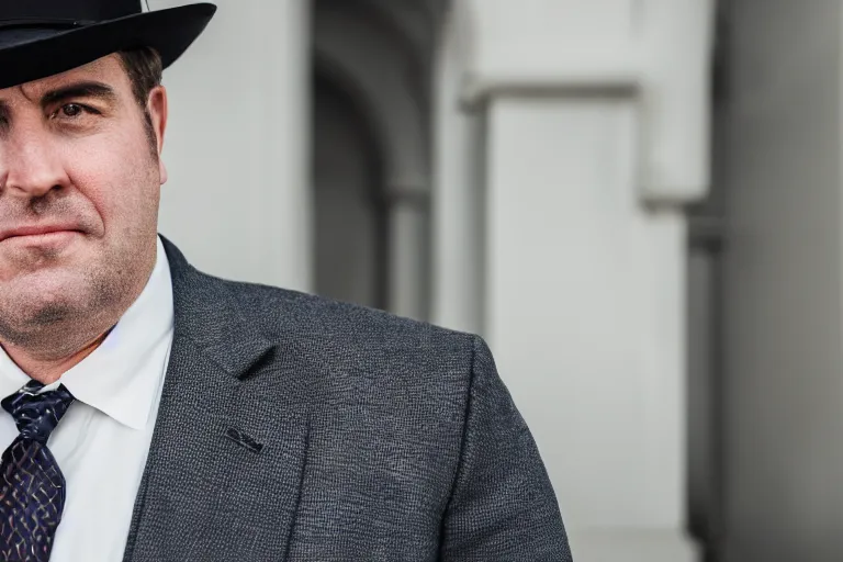 Image similar to cinematic still of portly clean-shaven white man wearing suit and necktie and boater hat, XF IQ4, f/1.4, ISO 200, 1/160s, 8K, RAW, dramatic lighting, symmetrical balance, in-frame