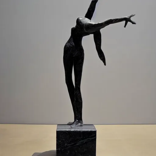 Prompt: a sculpture of a woman dancing with her hands pointing to the sky, the sculpture is made of black marble, white wall in the back