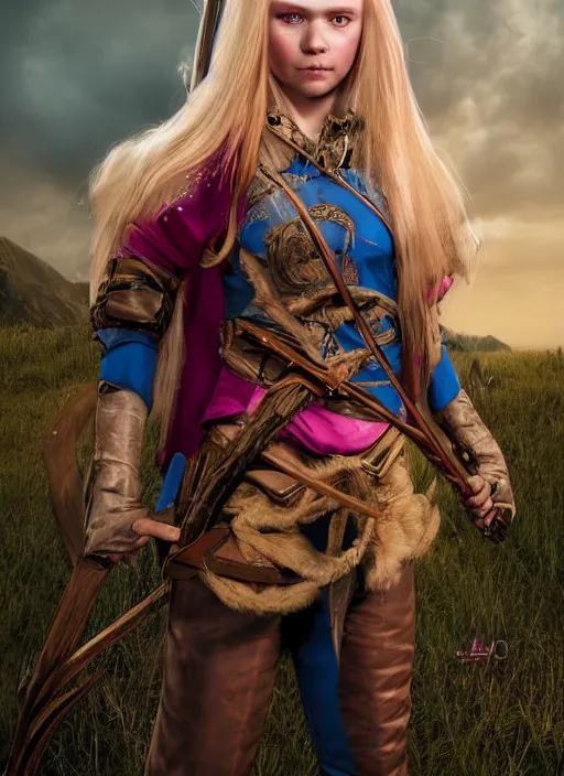 Image similar to An epic fantasy comic book style portrait painting of a young girl with long blonde hair and blue eyes. Wearing brown and magenta leather tribal combat clothes. She is holding hunting bow. Unreal 5, DAZ, hyperrealistic, octane render, cosplay, RPG portrait, dynamic lighting