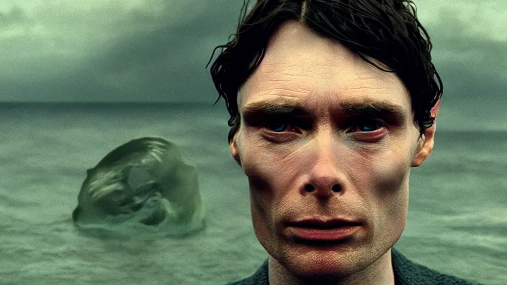 Image similar to close up photo of Cillian Murphy with 3 eyes, coming out of the ocean, extreme detailed face, film still from the movie directed by Denis Villeneuve with art direction by Zdzisław Beksiński, wide lens