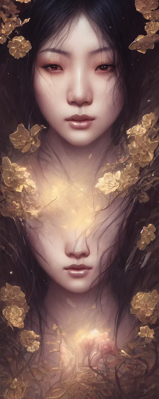 Image similar to beautiful Asian girl 3/4 profile portrait, dark fantasy esoteric , closeup, D&D, fantasy, intricate, elegant, highly detailed, digital painting, artstation, concept art, matte, sharp focus, illustration, art by Artgerm and Tom Bagshaw and Greg Rutkowski and Alphonse Mucha