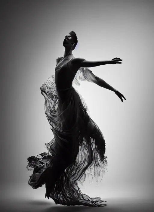 Image similar to a Photorealistic dramatic hyperrealistic render of a glamorous beautiful Female smoke dancer by Ken Brower and Deborah Ory of NYC Dance project,Lois Greenfield,Flowing cloth and smoke,Beautiful dynamic dramatic dark moody lighting,volumetric,shadows,cinematic atmosphere,Octane render,8K