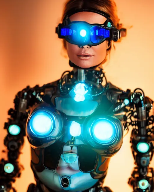 Image similar to centered portrait of flirtatious young carmen electra as a solarpunk mecha humanoid robotic parts wearing goggles with bright turquoise lights, real human face, pudica pose by bouguereau, inside white room, ultra - realistic and intricate, soft portrait shot 8 k