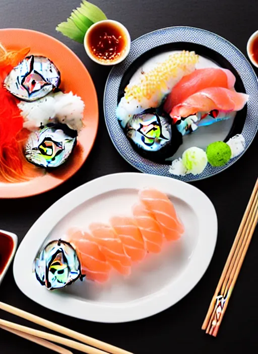 Prompt: clear photograph of cute cats eating sushi from sushi plates