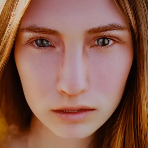 Image similar to closeup photo of a beautiful woman face, golden hour, 8 0 mm lens, polaroid, hyper realistic