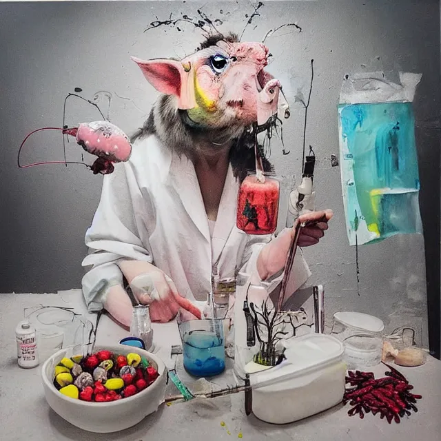 Prompt: “ a portrait in a female art student ’ s apartment, a pig theme, syringe, anaesthesia, art supplies, surgical iv drip, octopus, ikebana, herbs, a candle dripping white wax, squashed berries, berry juice drips, acrylic and spray paint and oilstick on canvas, surrealism, neoexpressionism ”