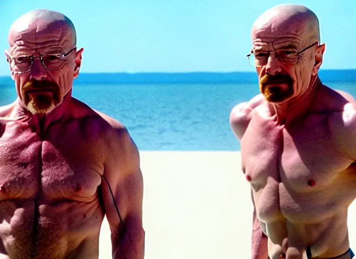 Prompt: film still of walter white shirtless in baywatch movie 2 0 1 7, 8 k