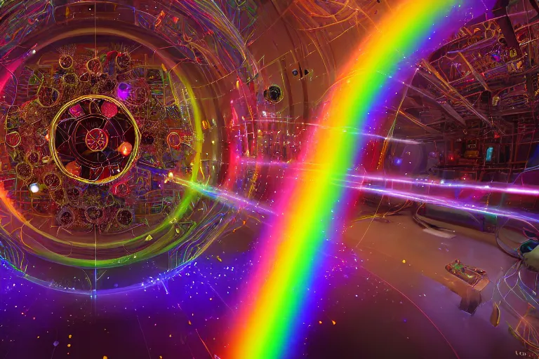 Prompt: rainbow particle accelerator, quarks, photons, elaborate, intricate, beautiful, magical, representational, hyperrealistic, daz, unreal 5, fisheye, dynamic lighting