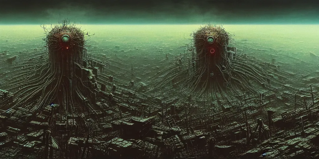 Prompt: the terrible fate of the world after nuclear war, ruined cities, ai robot tendril remnants, biomachine war against humanity, beksinski, giger, ambient art wallpaper popular on artstation