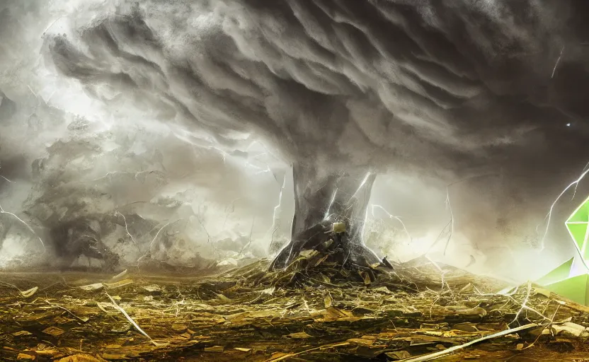 Image similar to A tornado made of cash and Ethereum, crypto, magical, landscape art, concept art, intense, 4k UHD