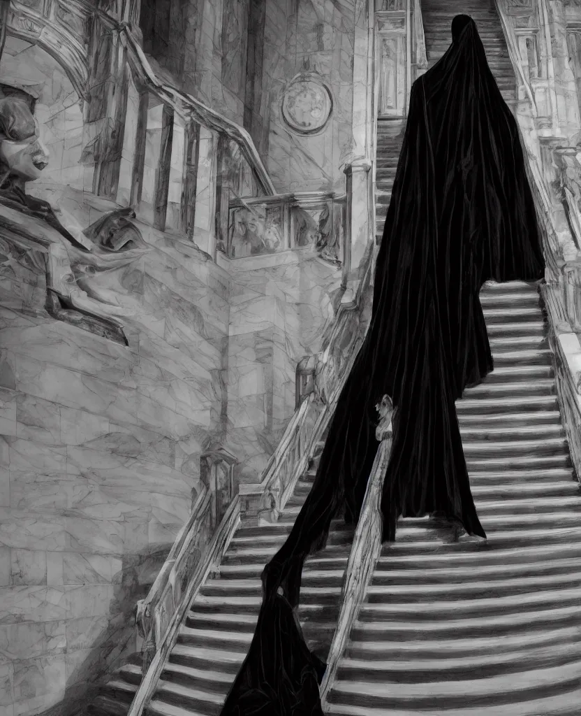 Image similar to several ritualistic figures shrouded in a long trailing dark black opaque gown, descending in tandem down a giant marble staircase away from a conference room, photorealism, hyperrealism, harsh lighting, dramatic lighting, medium shot, serious, gloomy, foreboding, cinematic, creepy