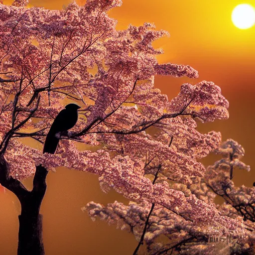 Image similar to birds on cherry tree, Changelingcore, serene, graceful, sunset photo at golden hour, Kodachrome, digital painting