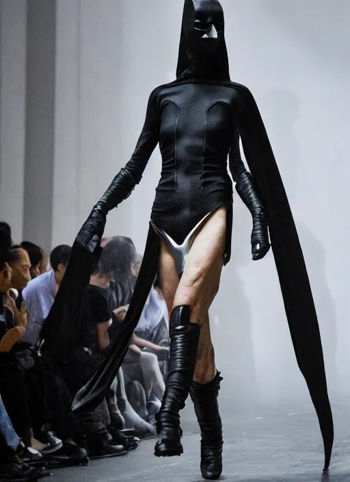 Image similar to hyperrealistic and heavy detailed rick owens avant garde runway show of batman, leica sl 2 5 0 mm, vivid color, high quality, high textured, real life