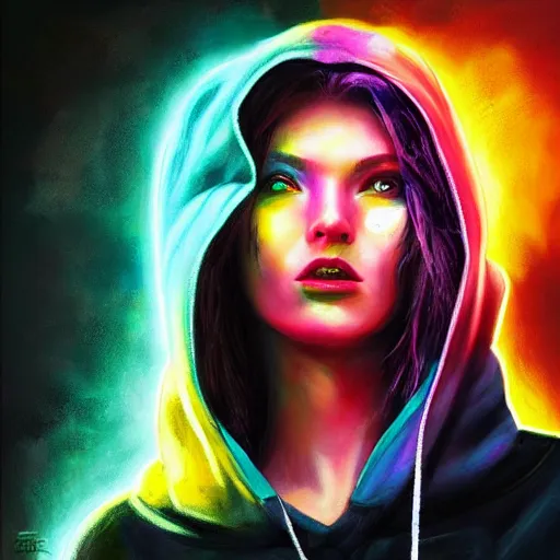 Prompt: cyberpunk goddess with a hoodie, side portrait, striking, defiant, spotlight, vibrant colors, paint splash, beautiful eyes, by marco paludet and gianni strino and marion bolognesi