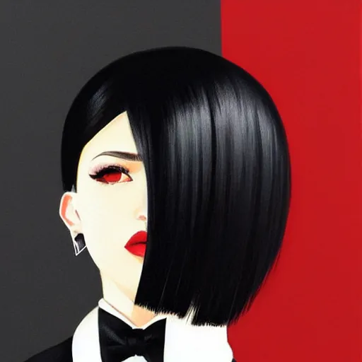 Image similar to slim cruel business girl in tuxedo with black bob hair, elegant, 2 d, ultra highly detailed, digital painting, smooth, sharp focus, artstation, art by ilya kuvshinov! dream slim girl in tuxedo with short black hair, elegant, 2 d, ultra highly detailed, digital painting, smooth, sharp focus, artstation, art by ilya kuvshinov