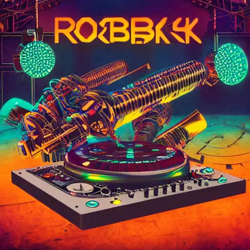 Image similar to album art, the band name is roborock, album name is energetic trance music, band with 3 steampunk robots on a dj desk with a cd mixer, 8 k, flourescent colors, halluzinogenic, multicolored, exaggerated detailed, front shot, 3 d render, octane